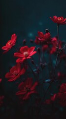 Vibrant red flowers with dark green stems against a moody, blurred teal background.  Soft focus highlights the blossoms, creating a dreamy, almost ethereal quality