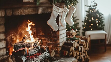 A cozy fireplace with stockings hanging and soft flickering flames .