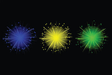 Three colorful fireworks exploding against a black background in a festive display.
