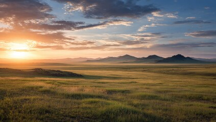 Vibrant sunset over a vast, flat grassland with rolling hills in the distance, hazy atmosphere