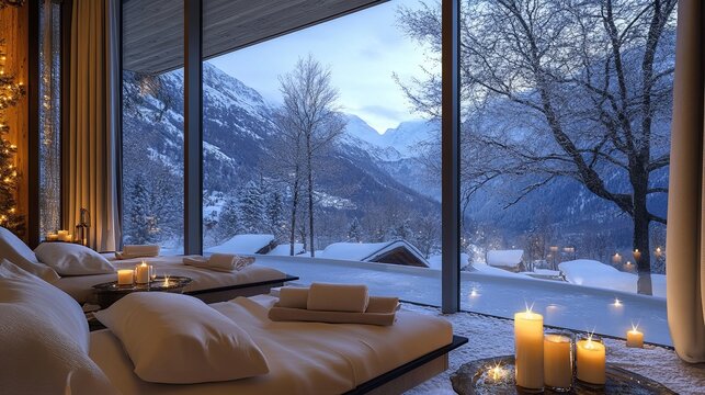 A holiday season spa retreat with cozy rooms, candles, and winter views .