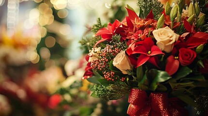 A local florist offering New Year bouquets with holiday decorations like ribbons and glitter .