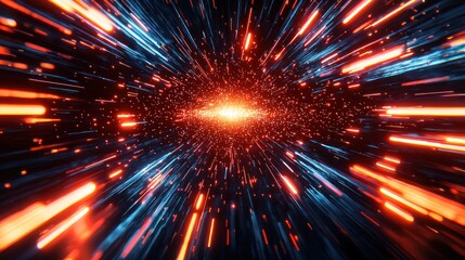 Abstract Blue and red streaks of light converging toward bright orange center