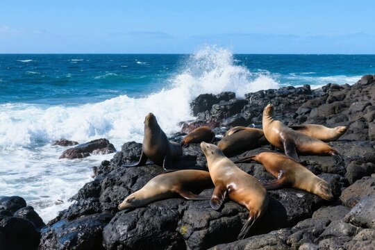 Sea lions resting on rocky shoreline with waves crashing in the background - Powered by Adobe