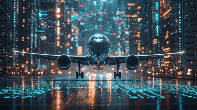 Airplane on digital runway, city lights blurring in background, futuristic look