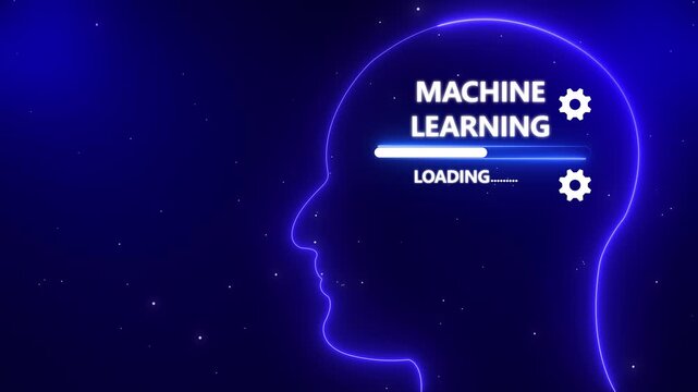 Neon outline of a human head profile with the words MACHINELEARNING and a loading bar inside on a dark red background with particles