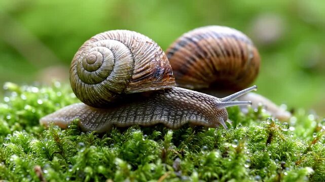 Observing the intricate details of a garden snail's shell and antennae as it slowly glides across a dew kissed leaf surface, showcasing its unique locomotion.