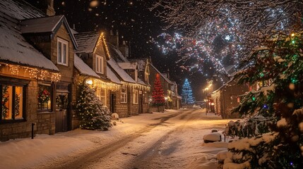 A snowy night in a quaint village with houses decorated with Christmas lights .