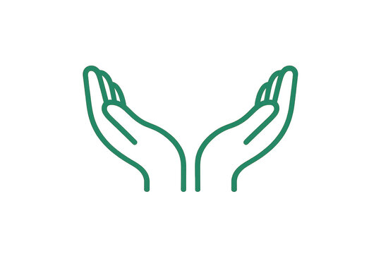 Hand gesture showing giving, receiving, care, support, hope, and charity, outline green line art drawing
