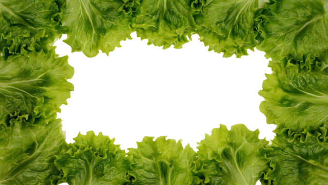 Fresh green lettuce leaf border frame with copy space isolated on transparent background for healthy food design element