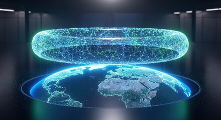Futuristic Digital Ring Encircling Earth Globe with Glowing Blue Light.