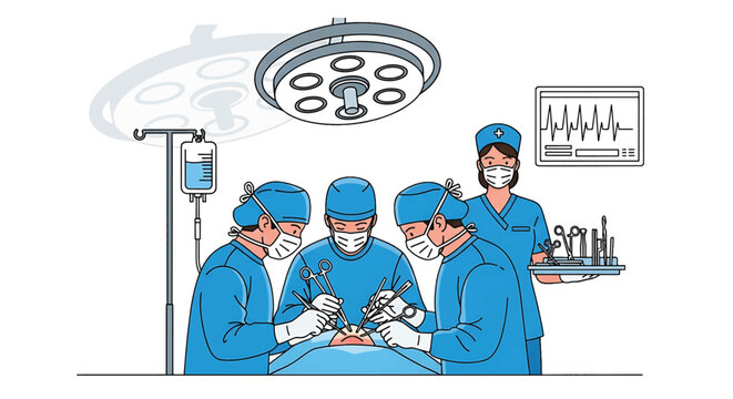 Surgical Team Performing Operation Under Bright Lights in Operating Room