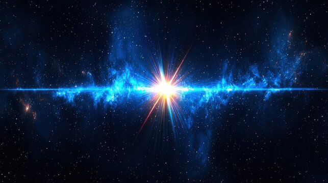 Bright light flares amidst nebulous blue space clouds, stars sparkling in background