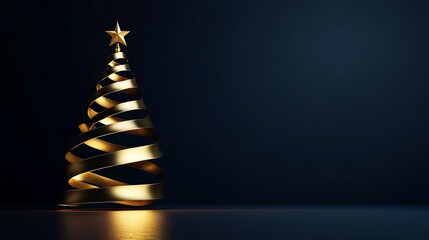Christmas tree shape built from a spiral gold ribbon, elegant festive concept, minimal shadows .