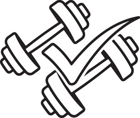 Outline drawing featuring two crossed dumbbells overlaid with a large hand-drawn checkmark representing fitness achievement or approved routine