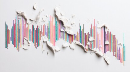 Colorful vertical bar chart with torn white paper overlay creating textured abstract design on white background, evoking sense of dynamic data visualization and artistic expression