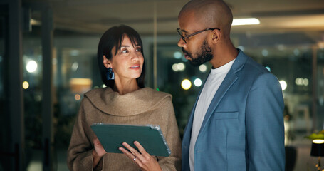 Tablet, meeting and business people in office for report, collaboration and feedback. Technology, drafting proposal and research with team for proofreading, review and editing publication at night