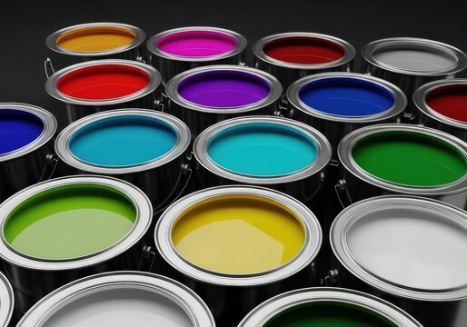 Collection of open paint cans with vibrant colors arranged in a pattern
