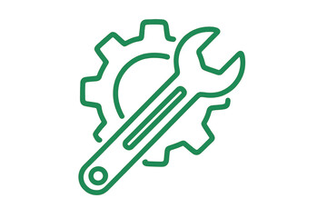 Wrench crossing a gear symbol, illustrating concepts of fixing, adjust, tool, service, solution, and engineering