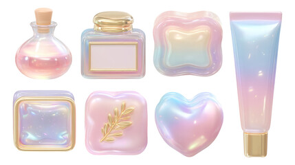Iridescent Collection of Geometric Cosmetic Bottles and Jars on Transparent Background
