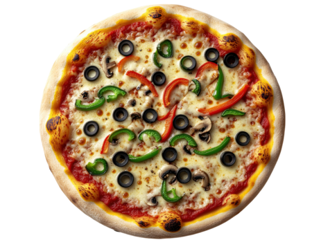 Delicious Pizza Topped with Green and Red Bell Peppers, Black Olives, and Mozzarella Cheese