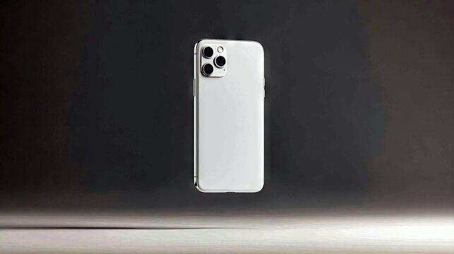 A white smartphone with a prominent triple camera array on the back is shown floating in the center of the frame against a dark, textured background.