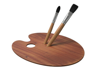 Three-dimensional image of a wooden artist's paint palette, with two paint brushes stuck in the holes, isolated on a transparent background