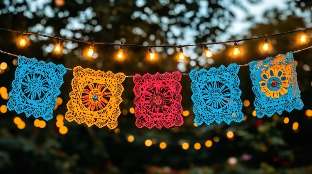Crocheted flags hang from a string of lights in a blurred, dark outdoor setting