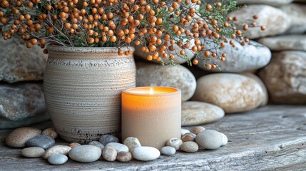 Cozy setup with ceramic vase, berry branch, and glowing candle on stone