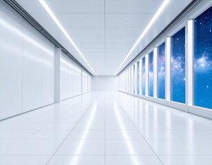 Obraz premium 未来的な白い廊下と宇宙の窓景色