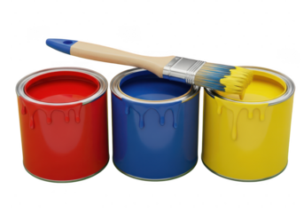 3D illustration of open paint can with paintbrush. Paint can with red, blue and yellow paint and brush