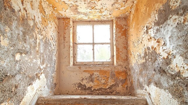 Decayed room features window and peeling paint on walls and ceiling