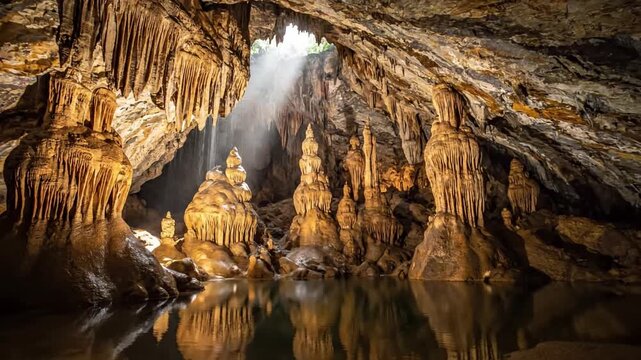Illuminated geological formations within a vast natural cave, showcasing intricate stalactites, stalagmites, and flowstones bathed in ethereal, soft, natural light.