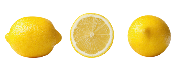 Lemons isolated whole, cut slice, whole
