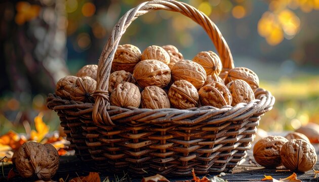 A rustic wicker basket is filled with a bountiful harvest of whole walnuts, placed outdoors on a wooden surface amidst fallen autumn leaves.