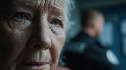 Elderly woman with deep wrinkles and expressive eyes gazes thoughtfully, reflecting on life experiences, with a blurred figure of a police officer in the background, conveying a sense of concern