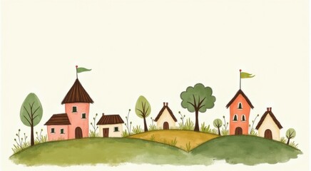 Naklejka premium Drawing of a small town with a flag on top greeting card