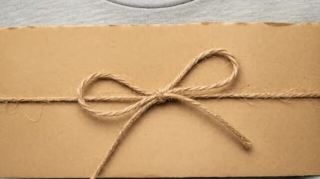 Folded clothing set tied with paper and string on white surface