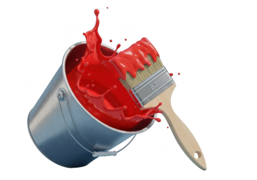 3D illustration of a paintbrush dipping into a transparent background. Red paint splashes from a metal bucket