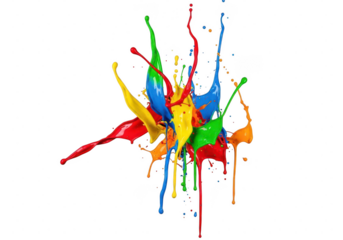 3D illustration of vibrant splashes of multi colored liquid paint dynamically exploding on a transparent background