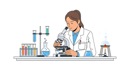 Scientist examining sample under microscope in a laboratory with test tubes and equipment