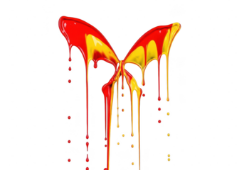 3d illustration of abstract butterfly shape formed by dripping red and yellow paint isolated on transparent background