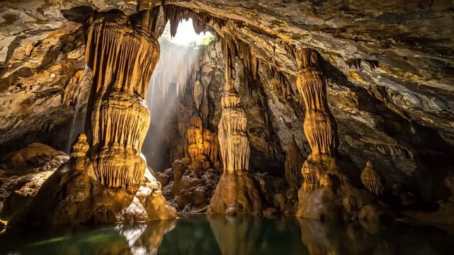 Dynamic slow motion shot of crystal clear underground water gently flowing over ancient cave rocks, reflecting subtle light patterns on the cavern ceiling.