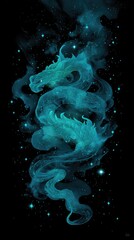 Fototapeta premium Ethereal teal dragon, smoke-like form, coiled amidst a dark, starry expanse
