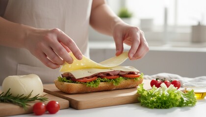 Provolone sandwich with roast beef and greens in daylight.