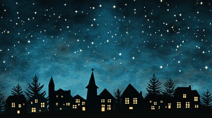 Minimalist depiction of a Christmas village silhouette against a starry sky .