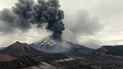 Massive grey volcanic ash plume billowing dramatically upwards from a distant, active stratovolcano against a clear sky. Emphasizing the sheer scale and raw power of the eruption, with the plume?