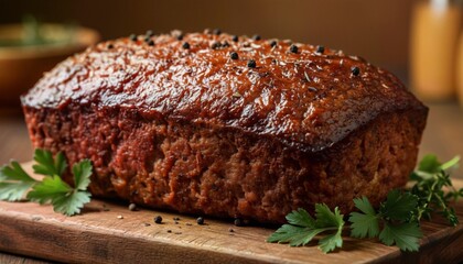 High-Resolution Close-Up of a Perfectly Cooked Meatloaf with Herbs and Spices