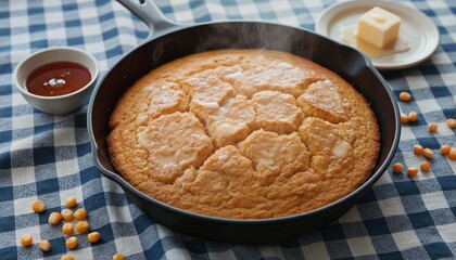 Steaming Cornbread in Cast Iron Skillet with Honey and Butter on Tablecloth