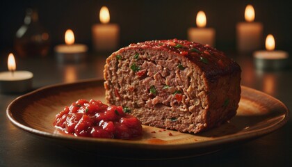 A Slice of Homemade Meatloaf with Tangy Tomato Relish in Ethereal Light